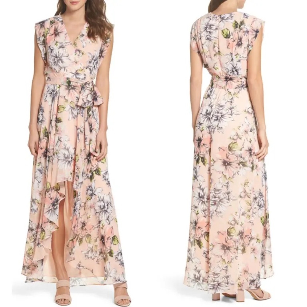 NWT Eliza J Floral Ruffle High Low Dress in Blush Size 16